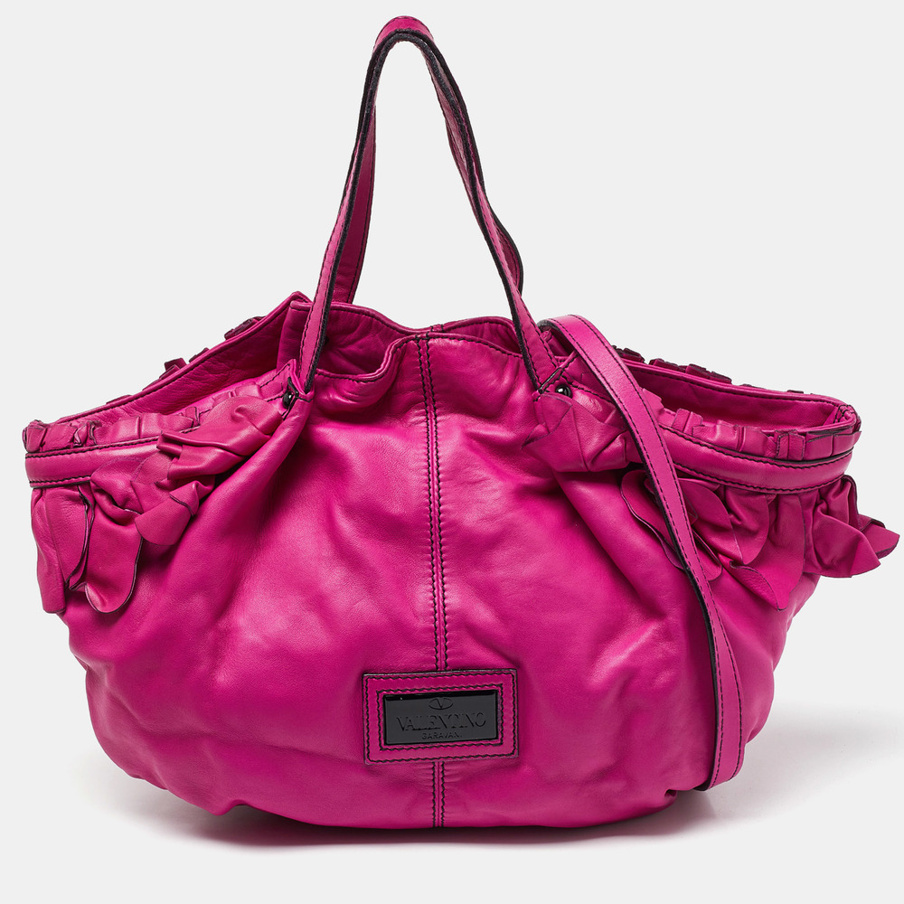 VALENTINO Pink Leather Ruffle Satchel - Picture 1 of 8